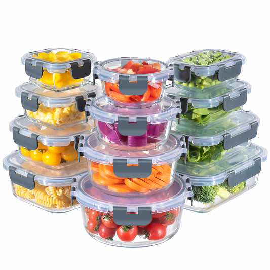 MFY 12-Pack Glass Storage Containers with Lids, Glass Meal Prep Containers Set, Airtight Glass Lunch Containers with Lids, Microwave, Oven, Freezer and Dishwasher Safe, Gray