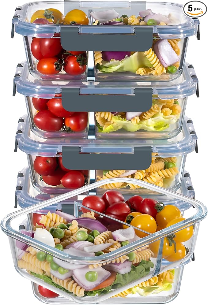 MFY 5-pack two-compartment glass meal prep container set