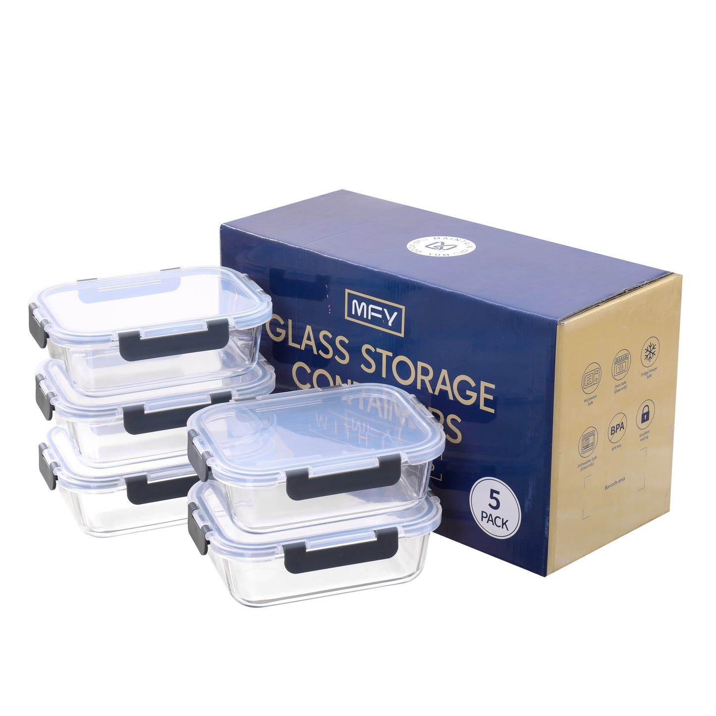 MFY 5-pack glass food storage containers with retail box