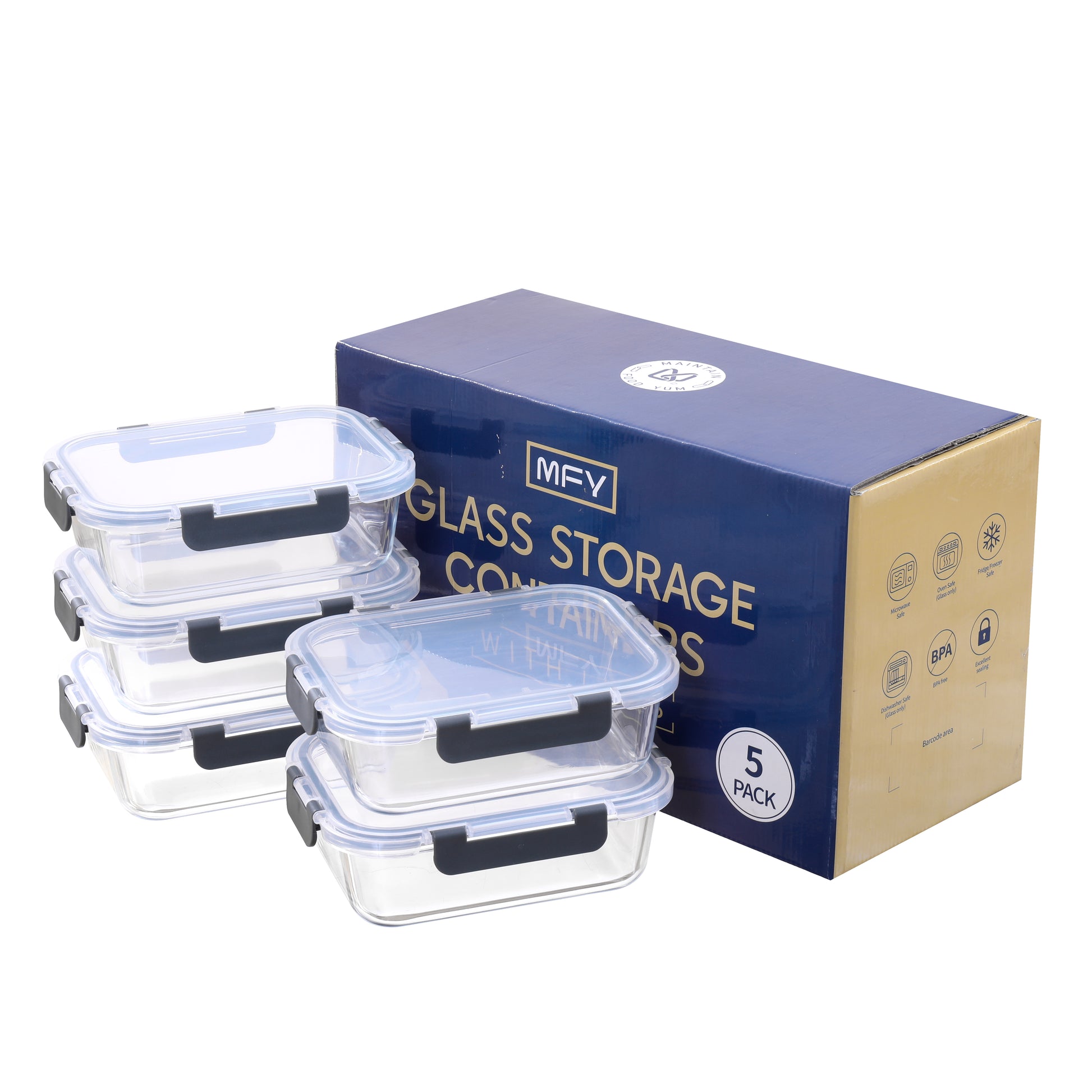 MFY 5-pack glass food storage containers with retail box