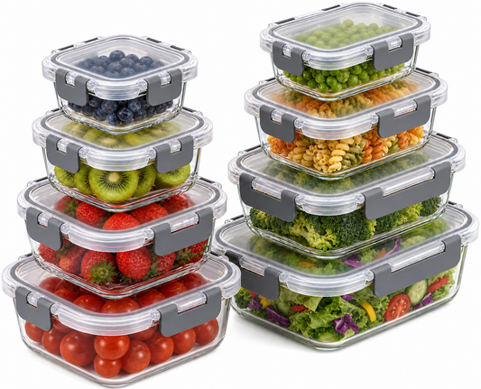 MFY 8-pack glass food storage containers with airtight gray lids